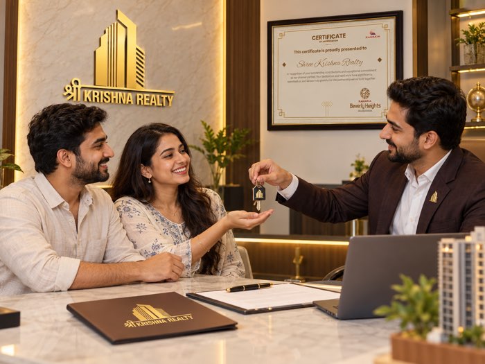 A Shree Krishna Realty advisor handing over house keys to a smiling couple