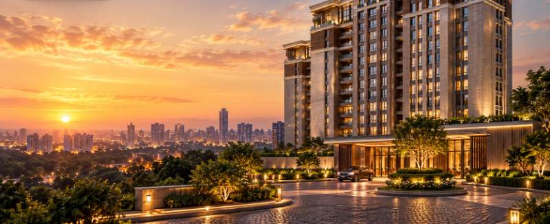 Modern residential tower and city skyline at sunset
