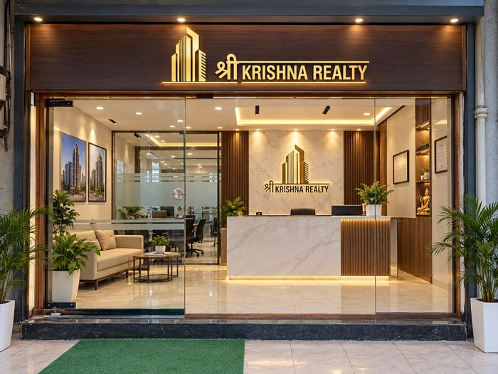 Shree Krishna Realty office front with its gold logo signboard and reception desk